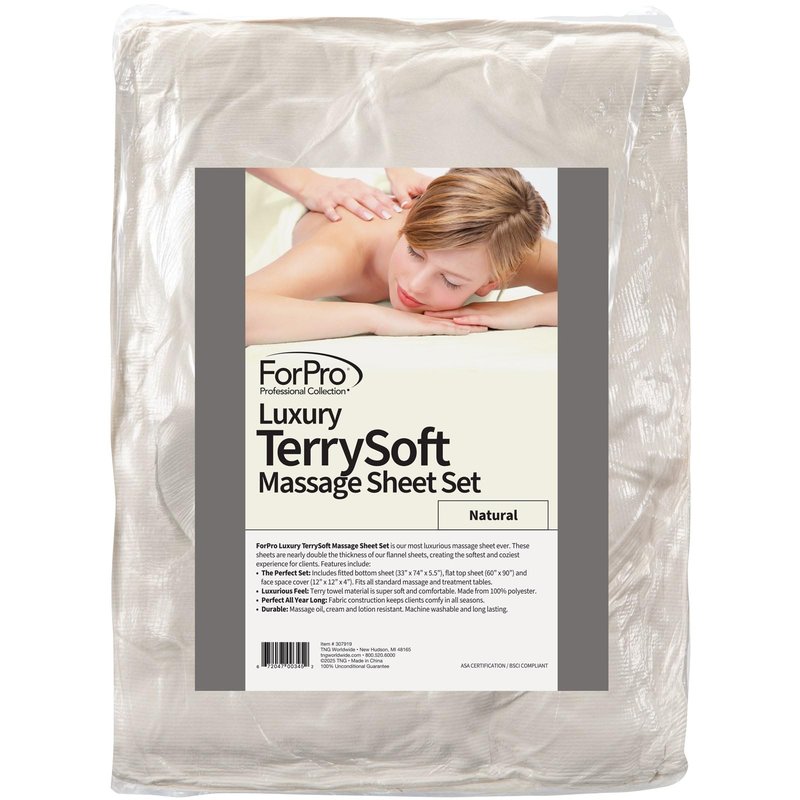 ForPro Luxury TerrySoft 3-Piece Massage Sheet Set, Natural, Ultra-Soft, Stain and Wrinkle-Resistant, Includes Flat and Fitted Sheets and Face Rest Cover