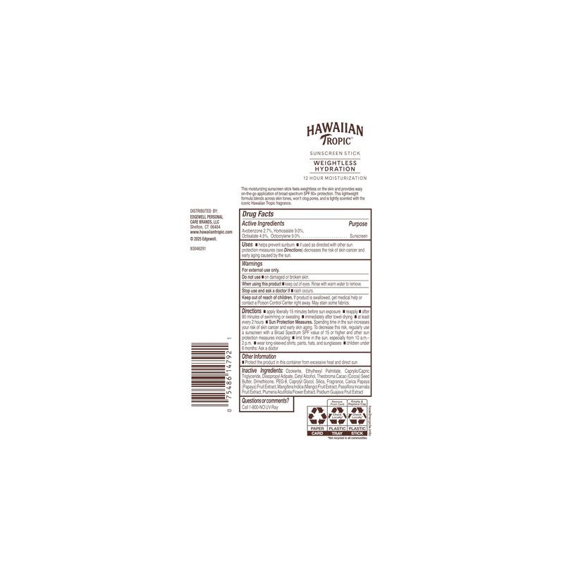 Hawaiian Tropic Weightless Hydration Sunscreen Stick SPF 60+ | Travel Size Sunscreen for Face and Body, Mini Sunblock Stick, Beach Essentials, Oil Free, Non Comedogenic Dermatologist Tested, 0.5oz