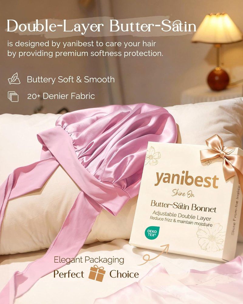 Adjustable Satin Bonnet for Sleeping | Double Layer Hair Wrap to Reduce Friction & Prevent Frizz for Natural Curly Hair