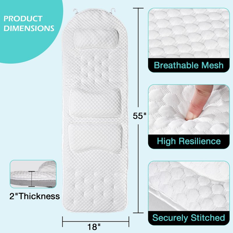 Full Body Bath Pillow for Bathtub, Thick Soft Tub Cushion with Non-Slip Suction Cups Dual Hooks, Luxury Spa Pillow for Neck Back and Hip Support, 55" x 18"