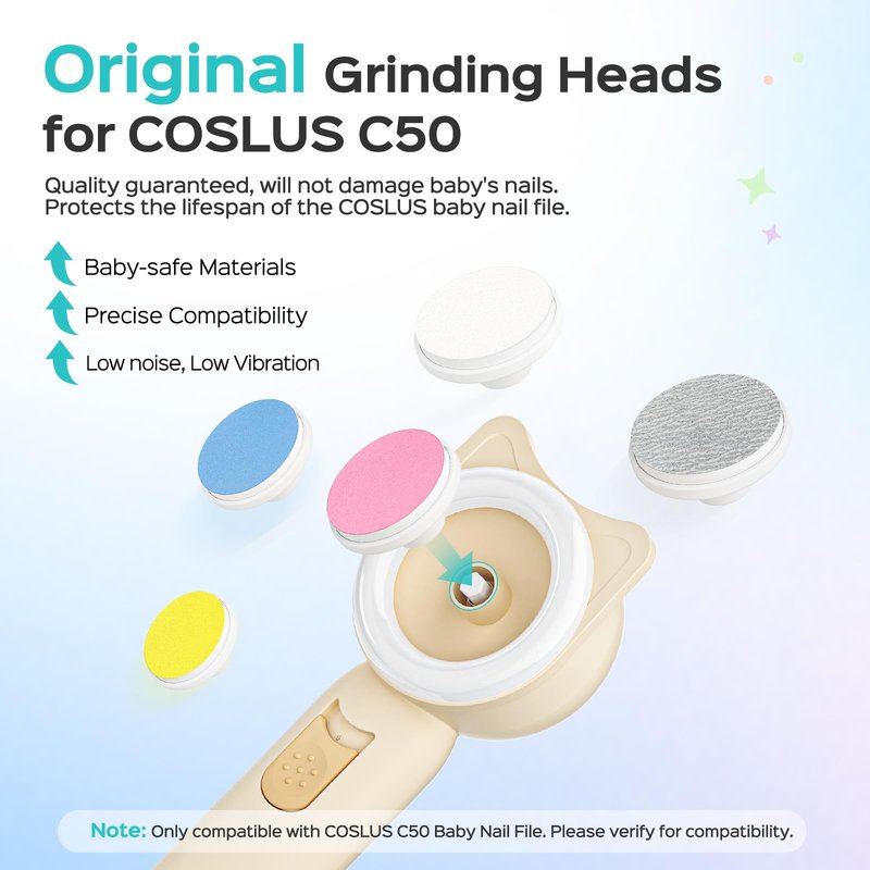 COSLUS Original C50 Baby Electric Nail File Replacement Pads, 10 Grinding Heads + 10 Buffer Pads, Gentle, Safe for Sleep Time Grinding, Baby Nail Trimmer Accessory Set for Newborn, Infant & Toddler