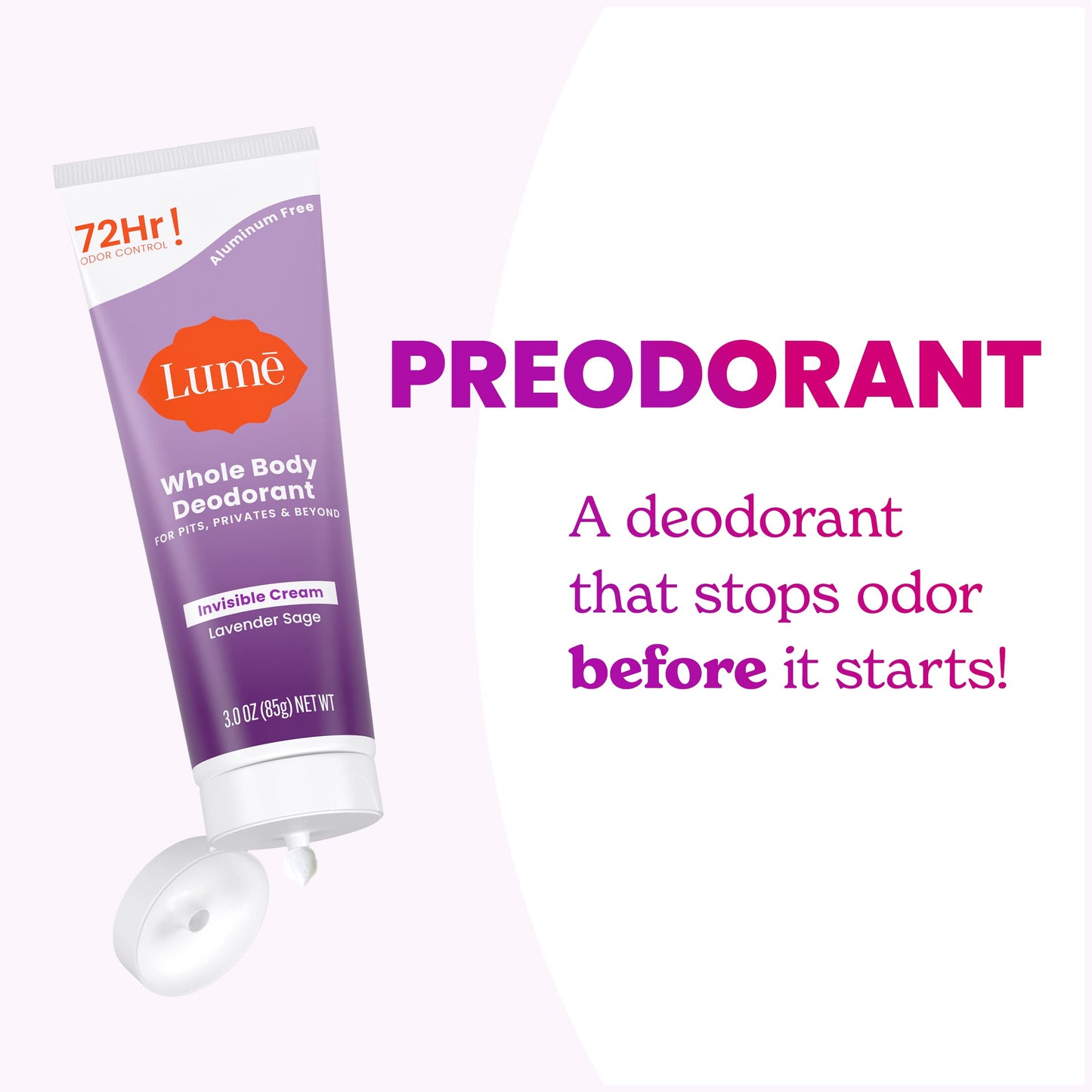 Lume Whole Body Deodorant - Invisible Cream Tube - 72 Hour Odor Control - Aluminum Free, Baking Soda Free, Skin Safe - 3.0 ounce (Lavender Sage)