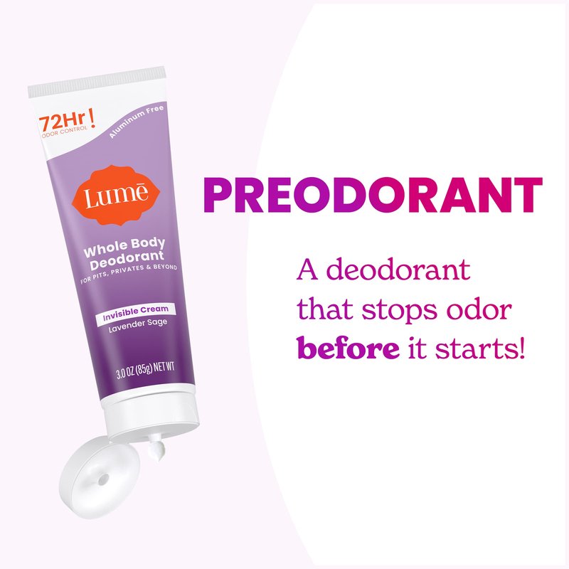 Lume Whole Body Deodorant - Invisible Cream Tube - 72 Hour Odor Control - Aluminum Free, Baking Soda Free, Skin Safe - 3.0 ounce (Pack of 2) (Lavender Sage)