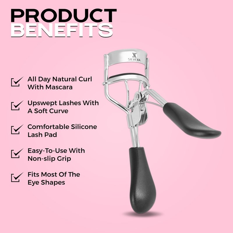 SILVEXA Eyelash Curler with Comfort Grip – Professional Stainless Steel Lash Curler with Soft Silicone Pads | No-Pinch, Long-Lasting Curl for All Eye Shapes | Ergonomic Handle Makeup Tool (Black)