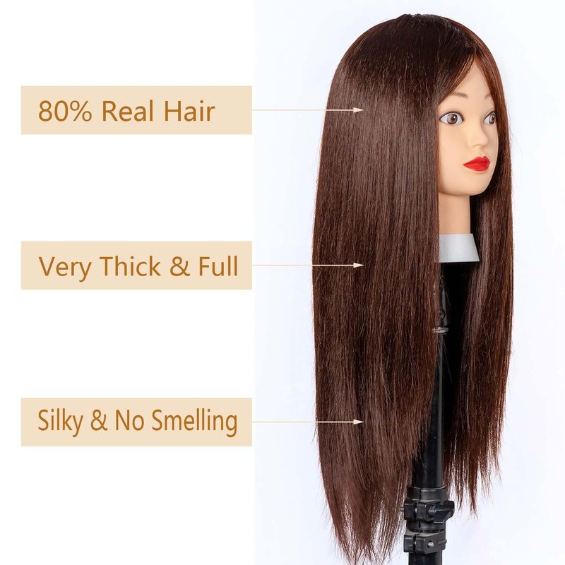 Mannequin Head - 80% Human Hair Cosmetology Training Tool | 26-28" Straight Brown Doll Head