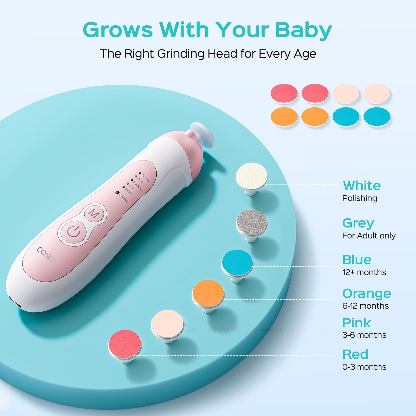 COSLUS C52 Rechargeable Baby Nail File: Cordless Baby Nail Trimmer Electric with 5 Speeds & 6 Grinding Heads for Baby Kid, CPC Certified and Quiet Design - Safe for Sleep Trim Buffer, Pink