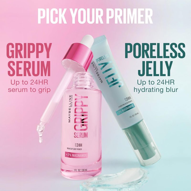 Maybelline Grippy Serum Primer - Hydrating Makeup Primer with 2% Niacinamide | 24HR Wear, Clear, 1 Count