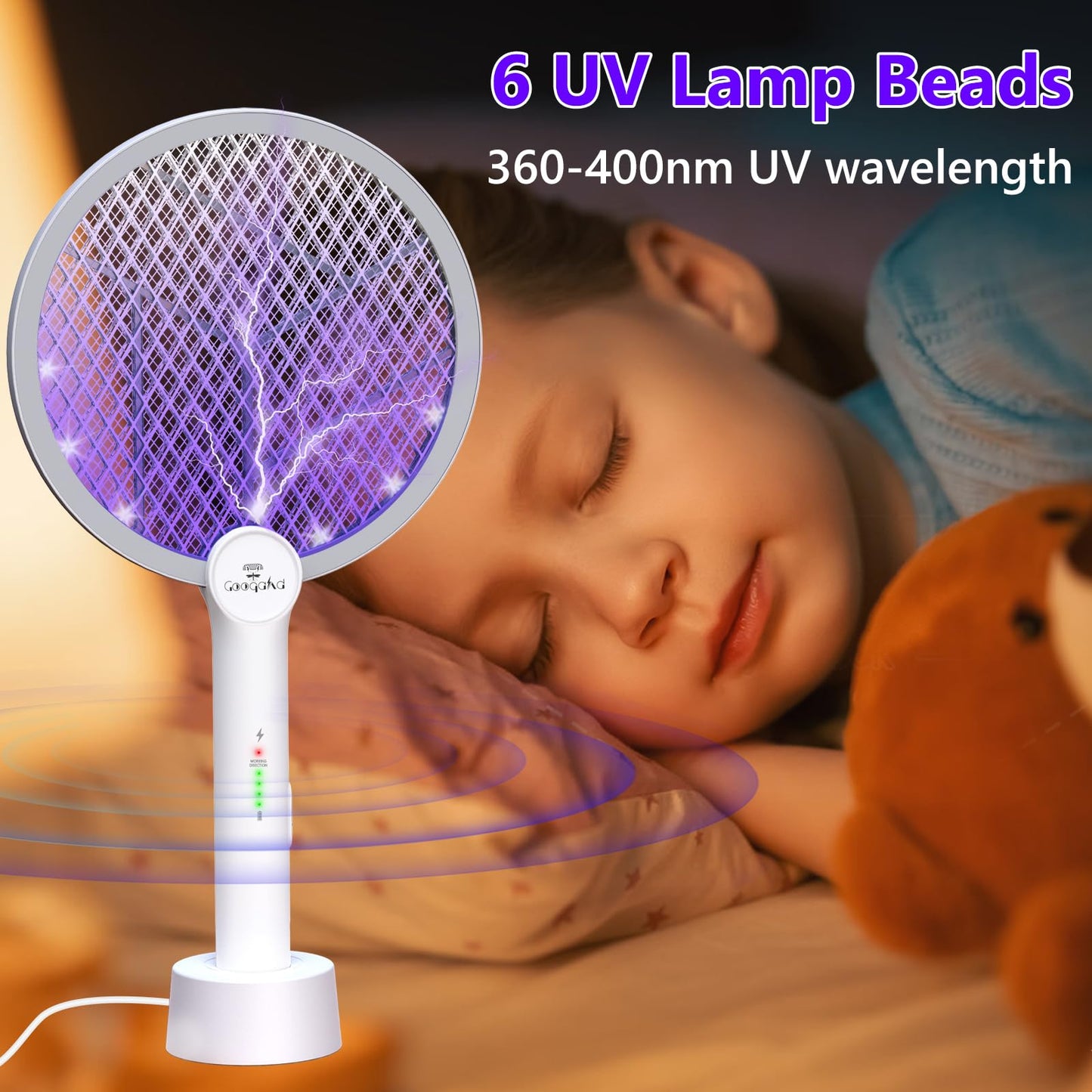 GooQand Bug Zapper Racket, 2 in 1 Mode Electric Fly Swatter USB Rechargeable, 4000V Electric Fly Zapper with 3 Layer Safety Mesh, Indoor Outdoor Electric Racket for Kitchen, Bedroom, Camping
