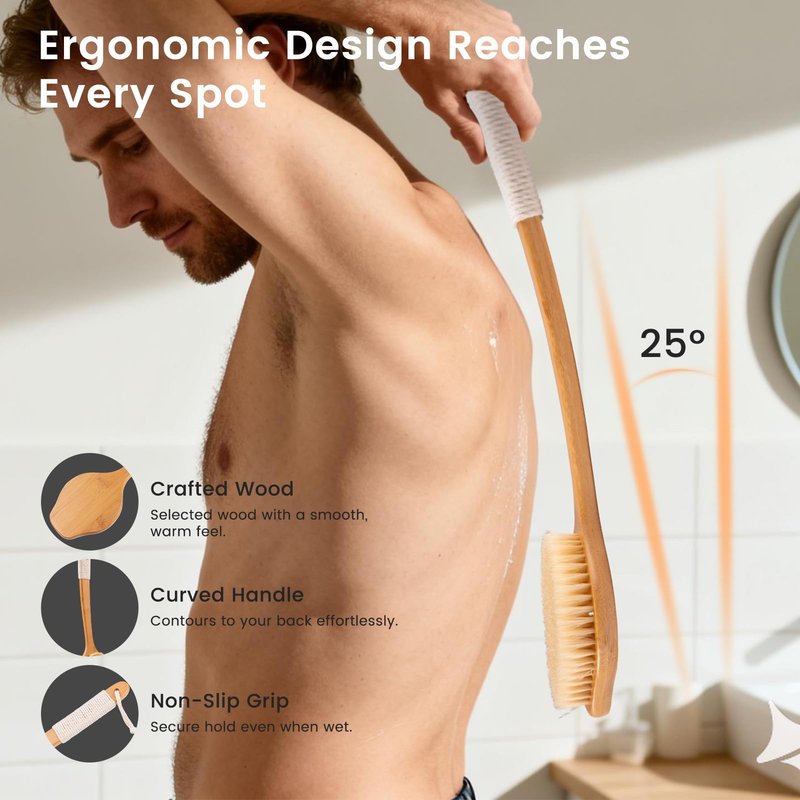 Bamboo Back Scrubber for Shower with Curved Long Handle - Stiff Natural Boar Bristles for Men and Women, Deep Cleansing and Exfoliating, Anti-Slip Grip for Wet or Dry Brushing
