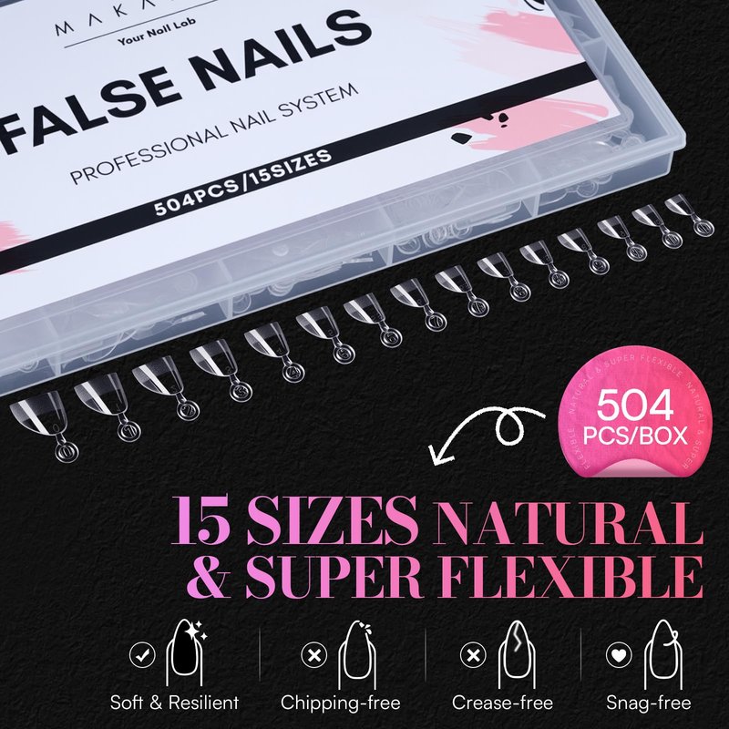 Makartt Short Almond Nail Tips: 504 PCS Half Cover Pre-shaped Acrylic Nail Tips Half Matte 15 Sizes False Nails - Easy-to-go Nail Extensions Manicure Supplies Salon Diy at Home