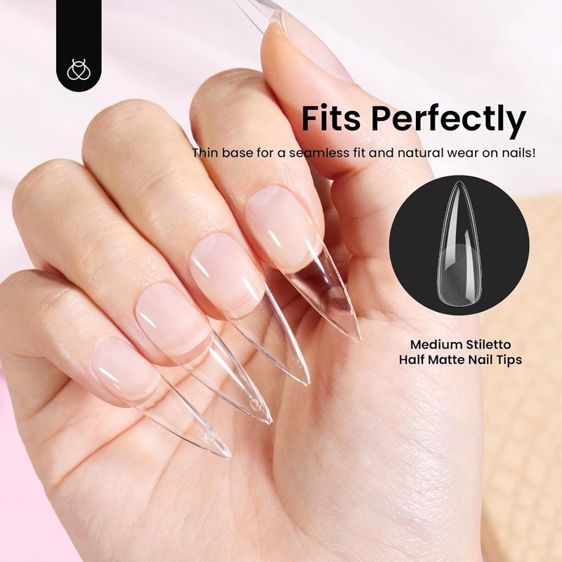 Beetles Gel Nail Tips - Stiletto Medium Pre-Etched Half Matte Full Cover | 576 Pcs in 12 Sizes for Easy DIY Press-On Extensions