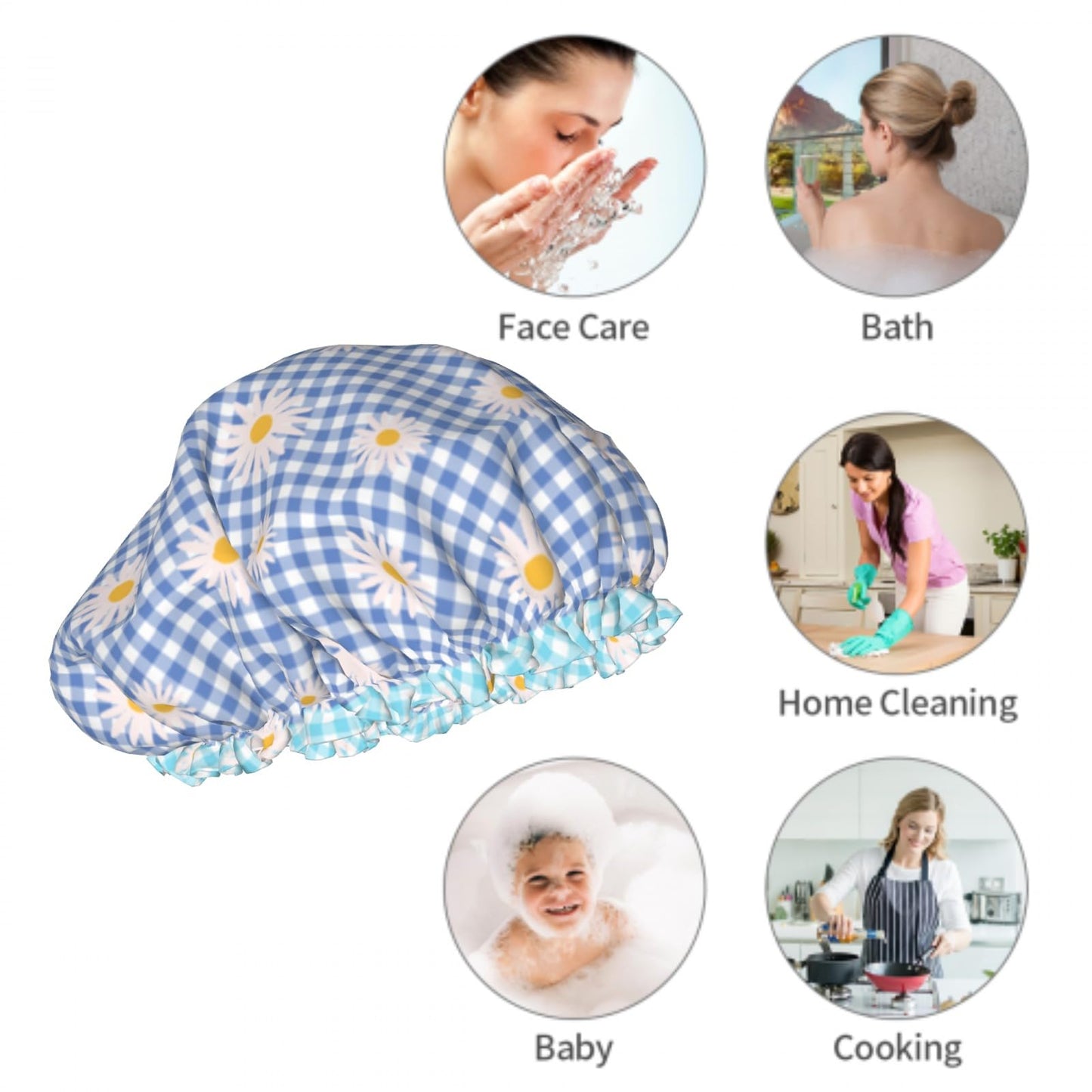 Kwlegh Blue Checkered Shower Caps for Women Daisy Flower Double Waterproof Layers Bath Hat Elastic Reusable Hair Cap for Shower Cooking Clean Makeup