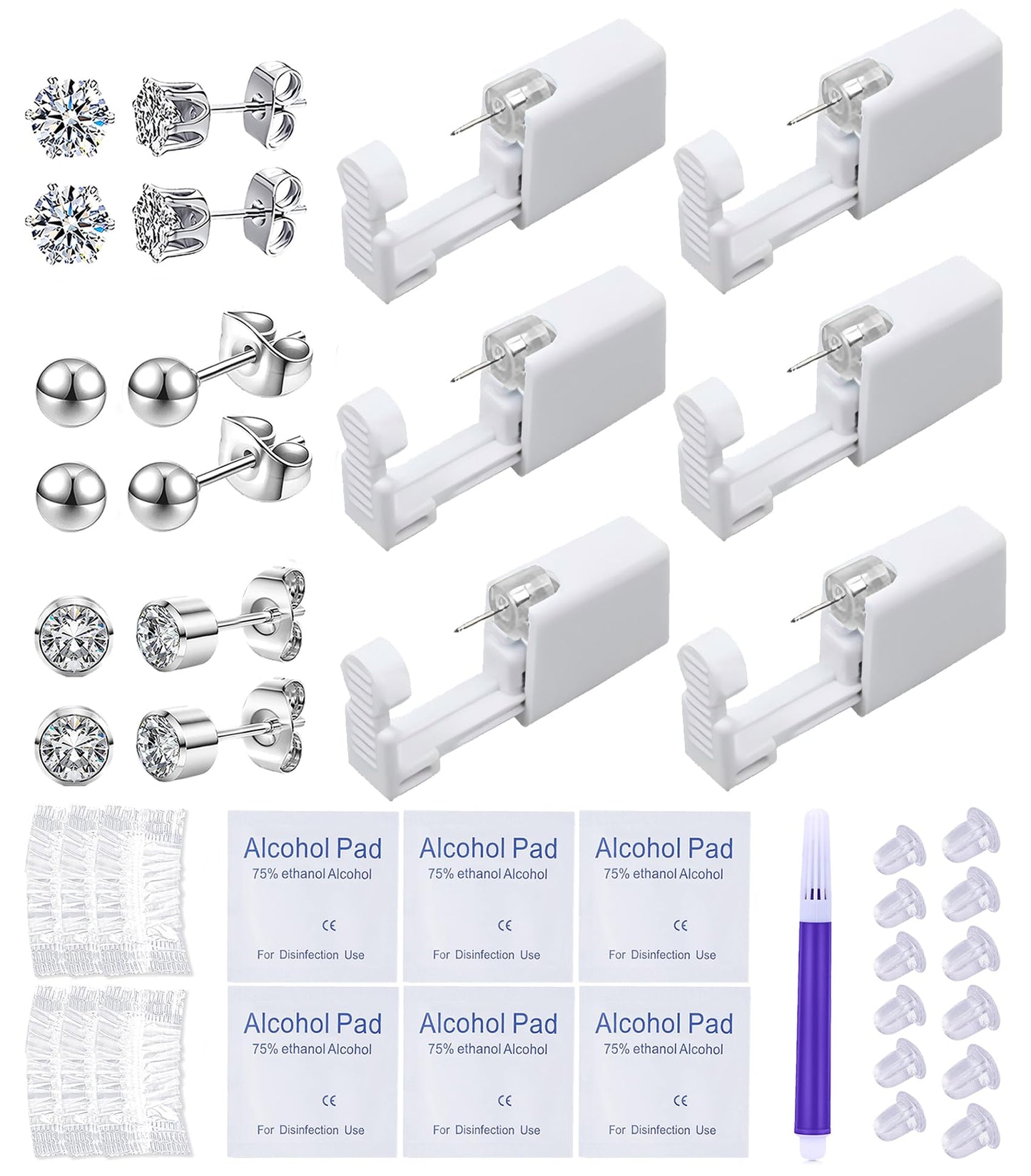 VitaCool Ear Piercing Kit Disposable Ear Cartilage Piercing Gun Kit with Sterile 4mm CZ Ball Studs Easy and Safe Earring Self for Yourself Use at Home(Silver Mixed Patterns 4mm)