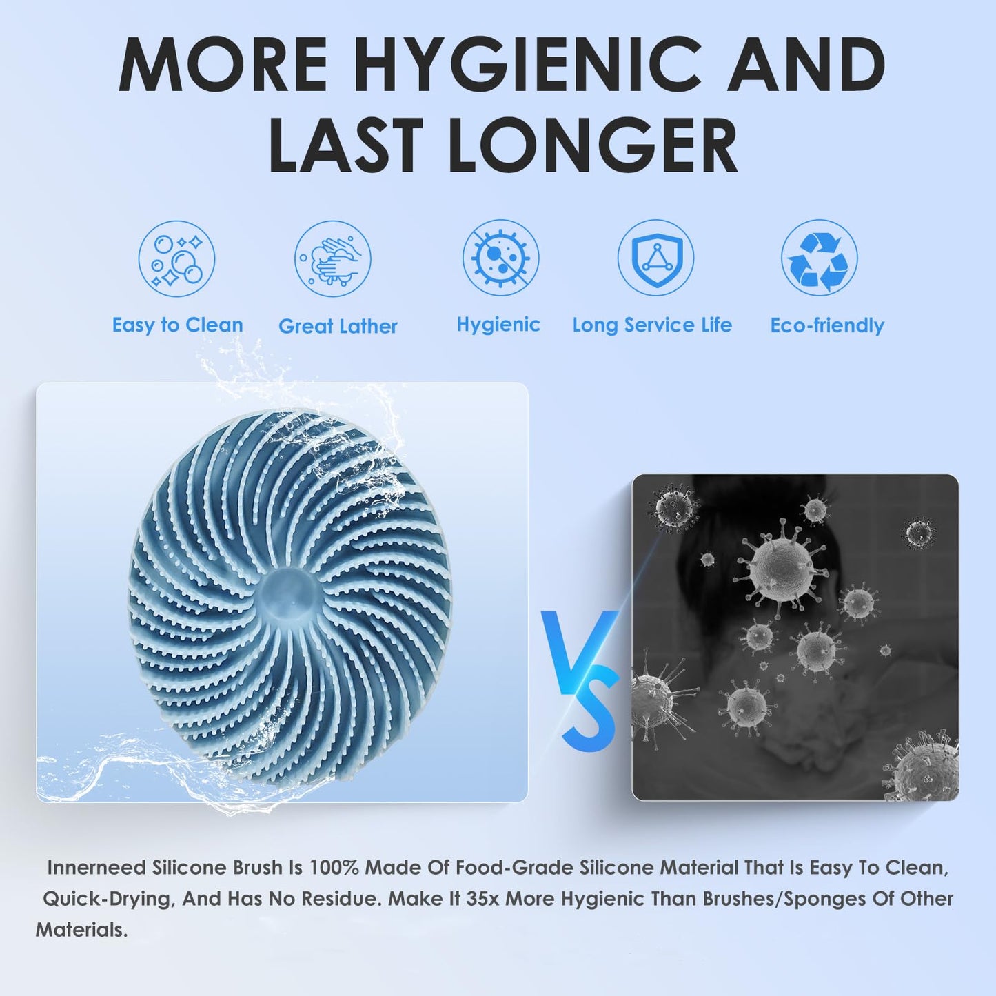 INNERNEED Food-Grade Silicone Body Scrubber Bath Shower Cleansing Brush, Gentle Exfoliating and Massaging, Nice Foaming, More Hygienic and Last Longer (Light Blue)