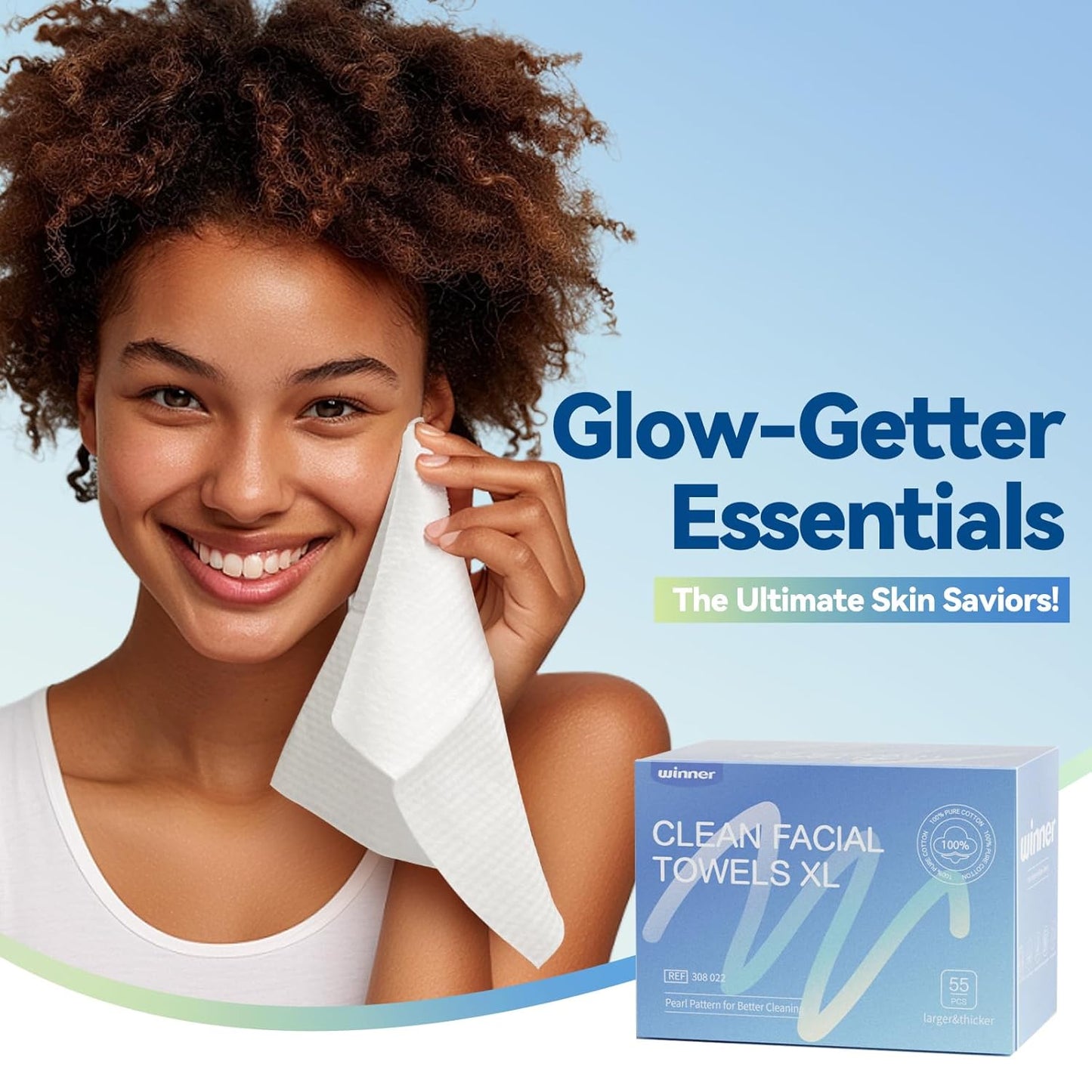 Winner Face Towels - XL 100% Biobased Disposable Facial Towelettes for Sensitive Skin | Ultra Soft Makeup Remover, 55 Count