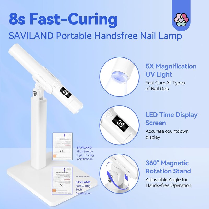 SAVILAND 9W LED Nail Light - Cordless Flash Cure Lamp with LCD Display for Quick Drying Gel Nails