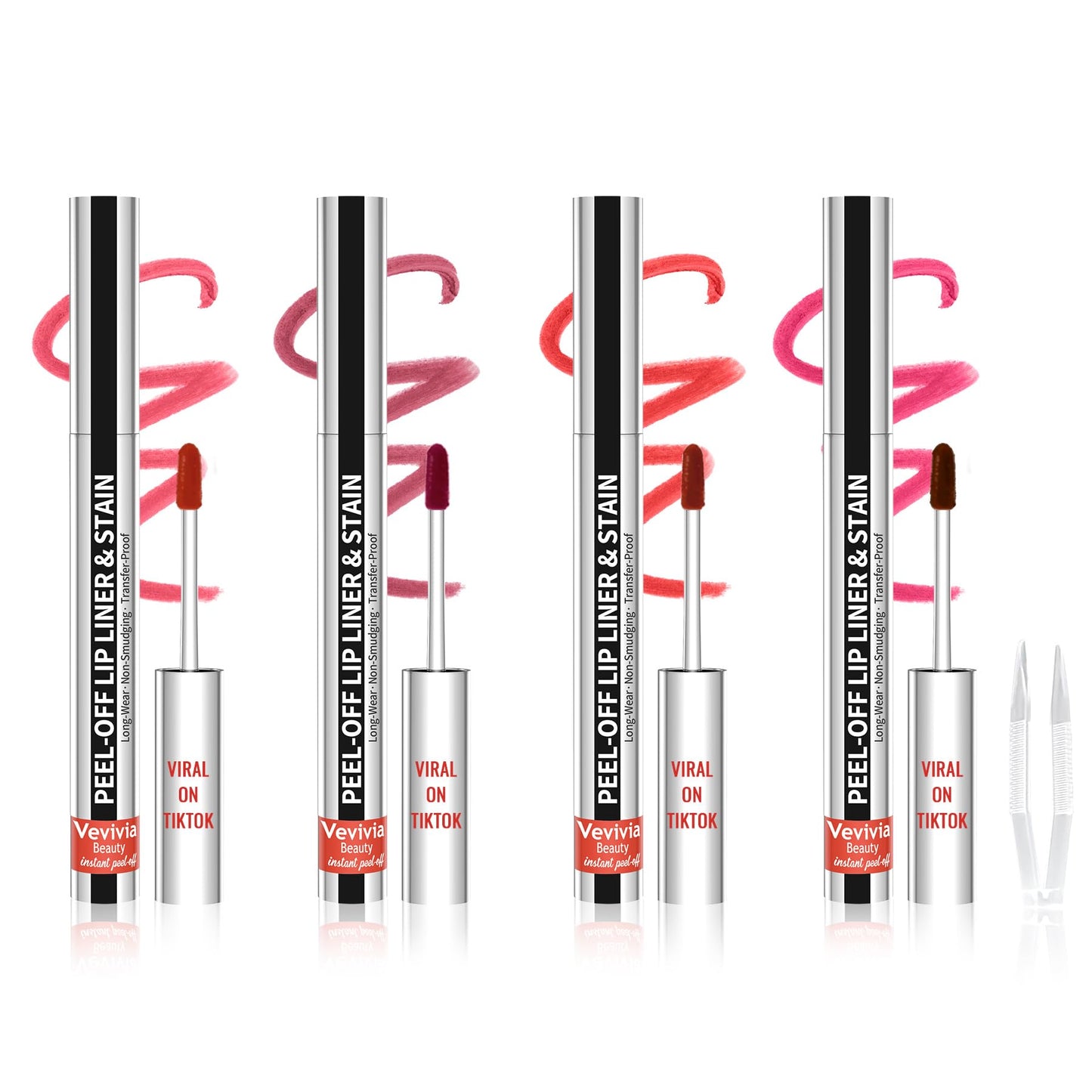Vevivia 4pcs Lip Stain Peel Off - Lip Liner Stain Long Lasting Waterproof with Tweezer,2-in-1 Lip Liner Matte, Non-Stick Cup,Stay On All Day,Perfect for Gift(Cocoa+Rose+Nude+Mauve)