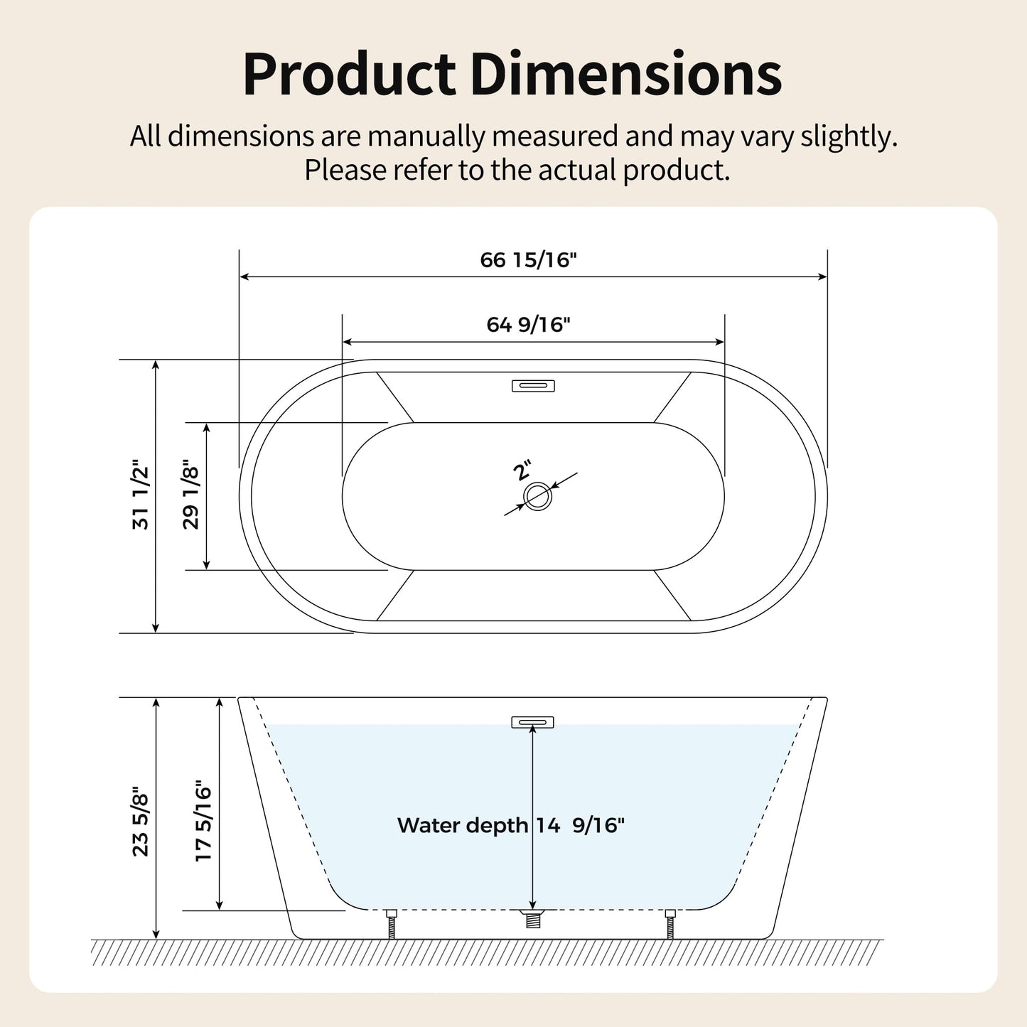 DeerValley 67" Acrylic Freestanding Bathtub, Deep Soaking Tub with Center Drain & Integrated Overflow, White Free Standing Tub, Stand alone Shower Tub with Ergonomic Design, DV-1T133S