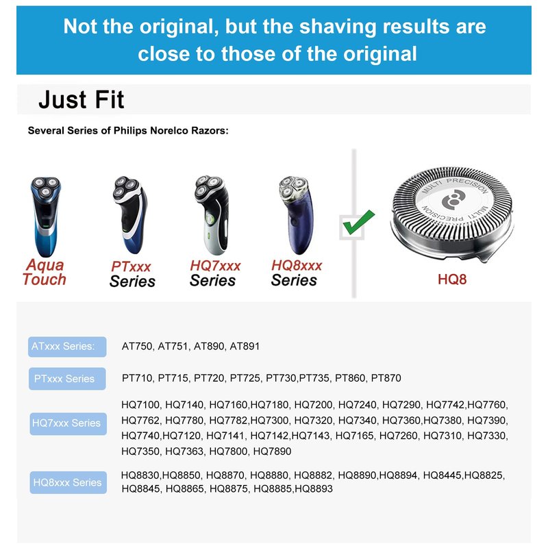New Upgrade HQ8 Replacement Heads Compatible With Philips Norelco Aquatec Shavers, Razor Blades For PT720 AT880 AT810, HQ8 Blades 6-pc pack