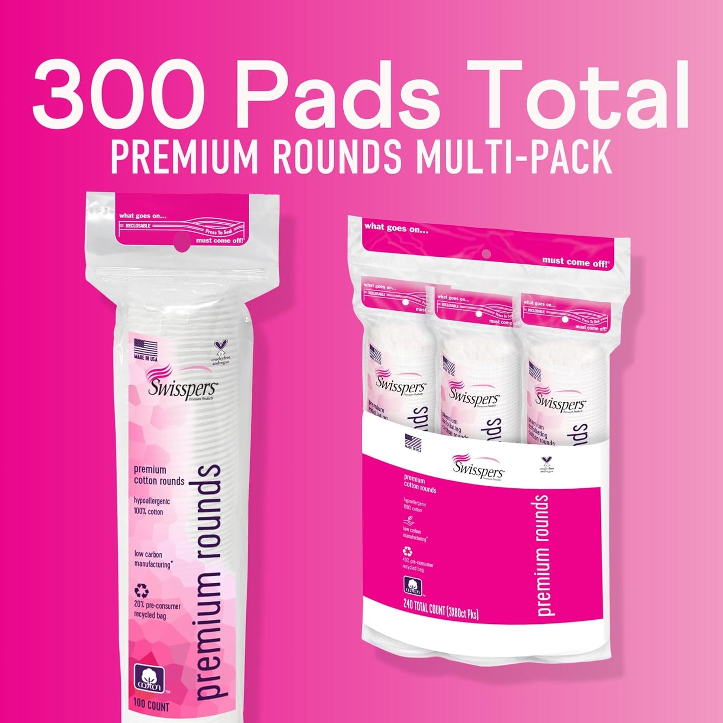 Swisspers Cotton Rounds - Hypoallergenic Dual-Sided Pads | 100% Pure Chlorine-Free Cotton, 300 Count