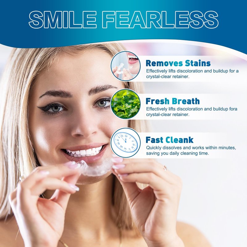 Retainer Cleaner Tablets, Denture Cleaner Effervescent Tablets - 120 Count, 4 Month Supply, Remove Stains & Odors for Clear Aligners, Night Guards, Mouthguards, Non-Abrasive, Bleach-Free