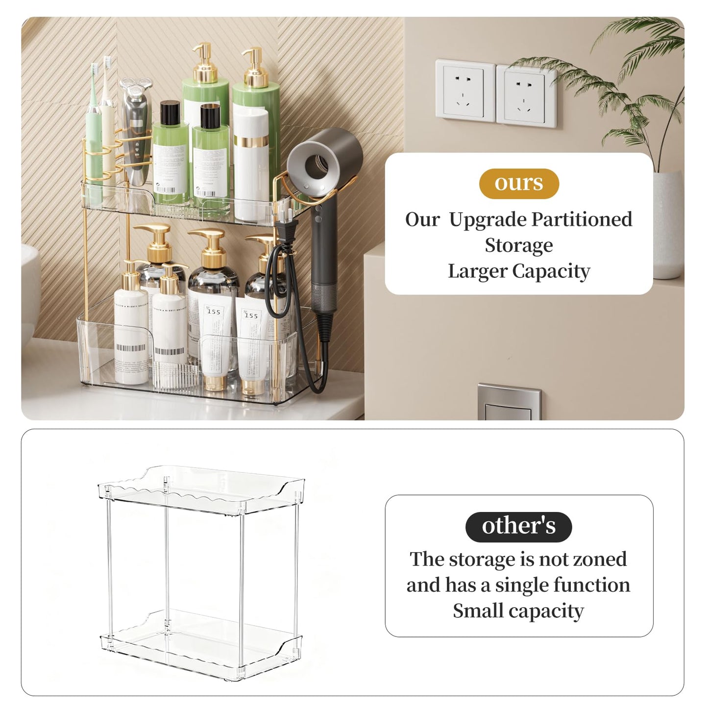 Weidace Bathroom Counter Organizer for Vanity, Makeup Organizer Countertop with Holder, Large Capacity Storage Rack, Perfect Large Skincare, Hair Care, Perfume, Easy to Install (Clear, 2Tiers)