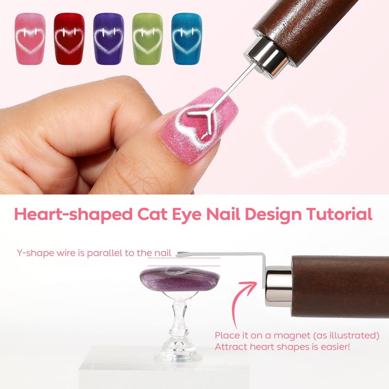 AIMEILI Cat Eye Nail Art Magnet Set - Strong 3-in-1 Wooden Handle with Flower, French & Heart Designs