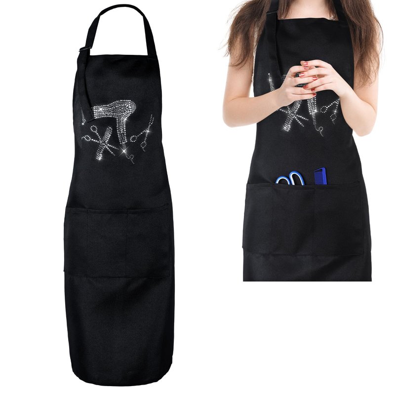 Hairstylist Aprons for Women with 3 Pockets, Adjustable Hair Stylist Apron with Rhinestone Pattern, Waterproof Hairs Cutting Apron Hairdresser Hair Aprons for Stylist Barber Salon, Women and Men
