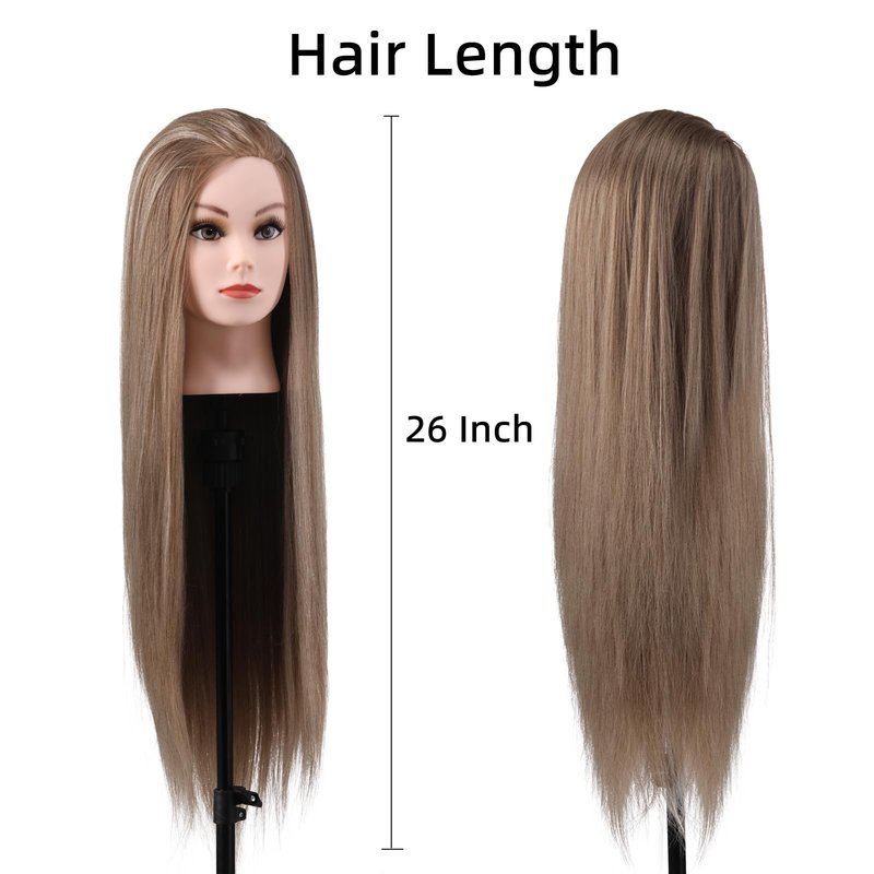 Mannequin Head with Hair, 26" Hair Mannequin Manikin Head Hair Practice Cosmetology Hair Doll Head Styling Hairdressing Training Braiding Cutting Setting with Clamp Holder and Tools