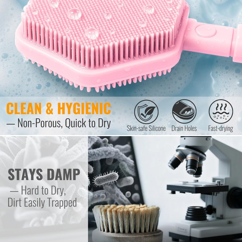 AIMAIAIMAI Silicone Back Scrubber for Shower – 21in Extendable Shower Brush with Long Handle – Dual-Sided Back Brush with Non-Slip Grip, Gentle Cleansing & Exfoliation for Men, Women, Elderly (Pink)