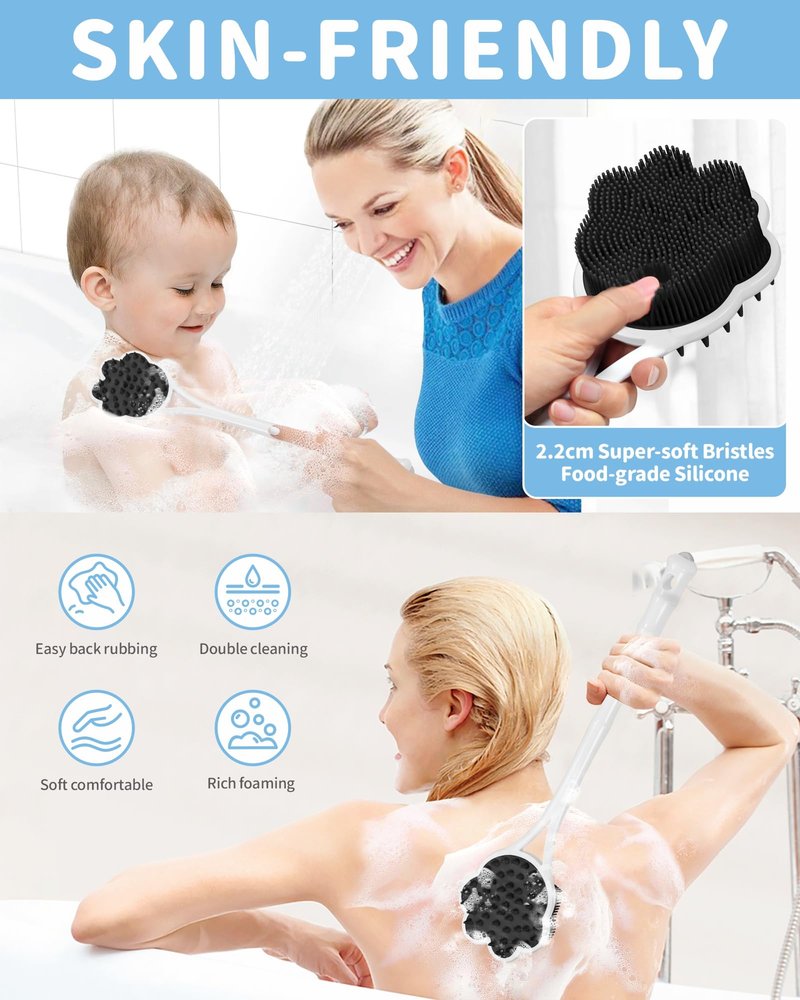 Manmihealth 15.7" Cute Silicone Body Scrubber & Soft Shower Brush Face Scrubber Set (3 PCS), Paw-Shaped Silicone Back Brush & Body Facial Scrubber with Super-Soft Bristles Combination(GraySet)