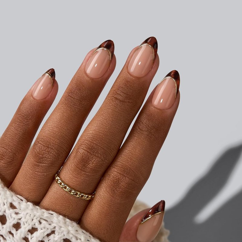 Press On Nails - Short Almond Tortoise Shell | Winter French Tip Soft Gel Fake Nails, 16 Sizes, 32 Stick-On Kit