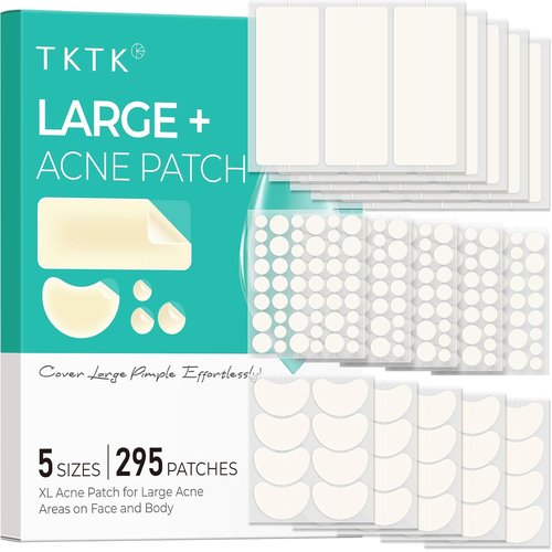TKTK Large Pimple Patches for Face, 68 x 27 mm XL Hydrocolloid Bandages, Big Acne Patches for Body, Forehead, Chin, Nose, Chest and Back Blemish Zit Breakouts (Strip, Contoured, Dot 5 Sizes 136 Count)