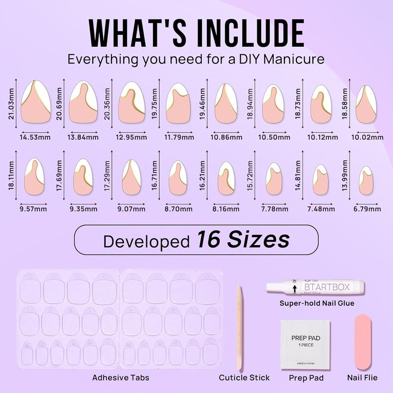 Press On Nails Almond - White French Tip Design with Gold Foil | Short Glue-On Nails in 16 Sizes - 30 Nail Kit