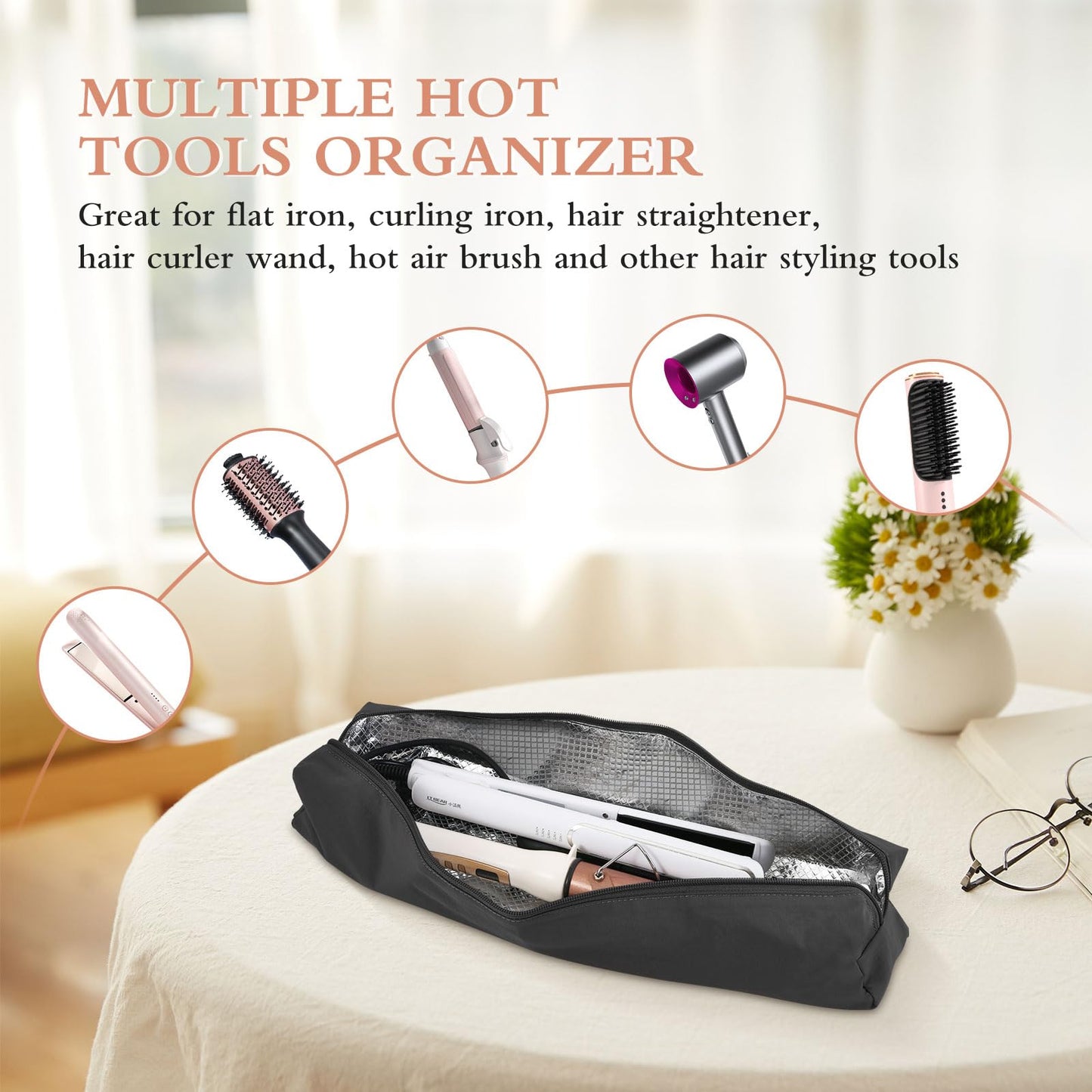 Suafrnut Professional Hot Hair Tools Organizer Bag Portable Travel Heat Resistant Storage Case Pouch for Curling Irons, Flat Irons, Hair Straightener and Styling Tools(17.7" x 3.2"x 3.2")