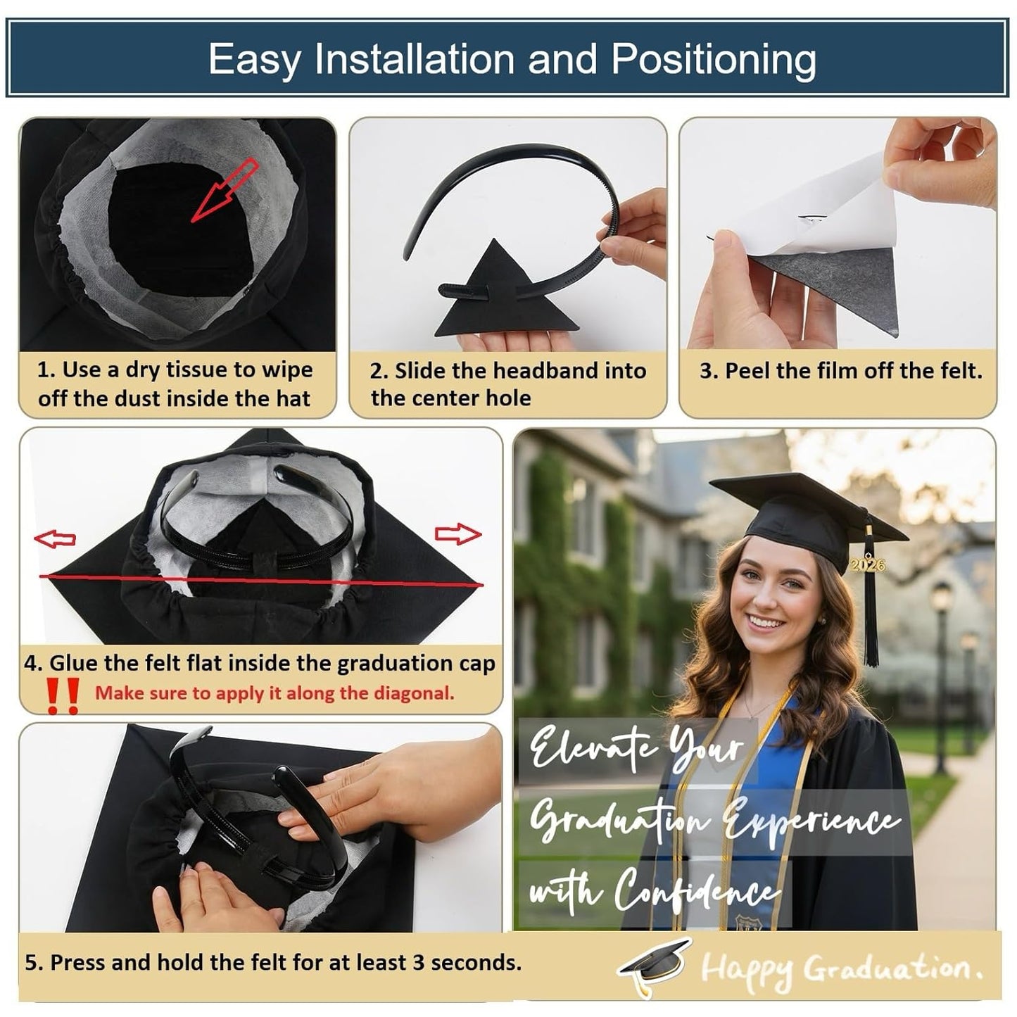 TERSE Graduation Cap Headband Insert for Hair, Secure Fit Grad Cap Head Band for Curly and Thick Natural Hair, No-Slip Headband for Graduation Caps for Women and Men, Black