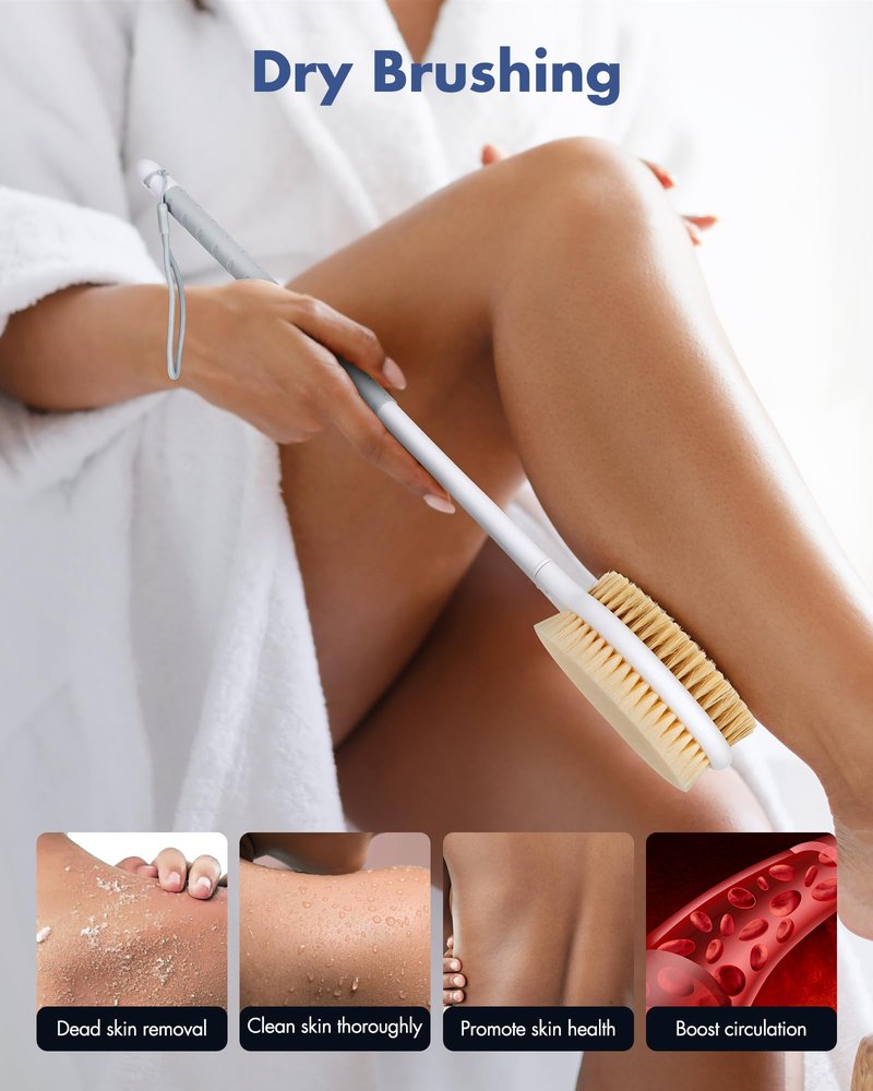 Back Scrubber Body Shower Brush: Anti Slip Long Handle Bath Brush with Stiff and Soft Bristles - Showering Exfoliator Wet or Dry Brushing for Women, Men, Elderly (Grey)