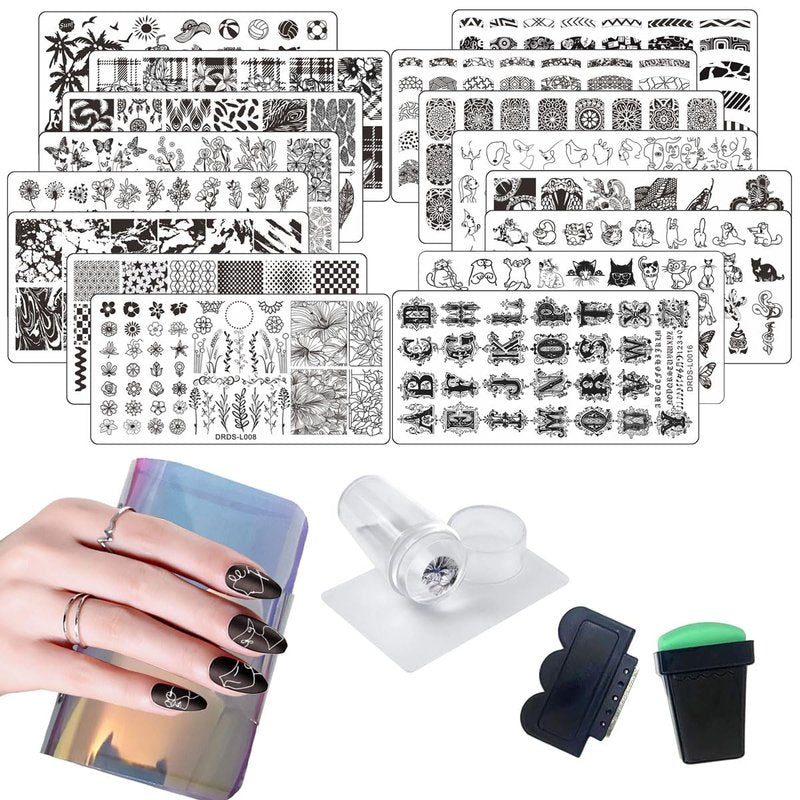 Nail Stamp Plates Set - 21 Pcs with 16 Designs, 2 Stampers & Scrapers | Floral & Animal Patterns