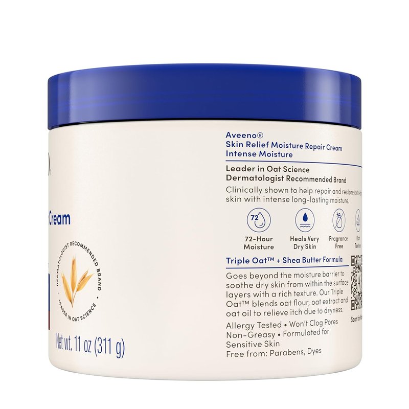 Aveeno Skin Relief Body Cream - Intense Moisture Repair with Triple Oat & Shea Butter | Fragrance-Free, 11 oz