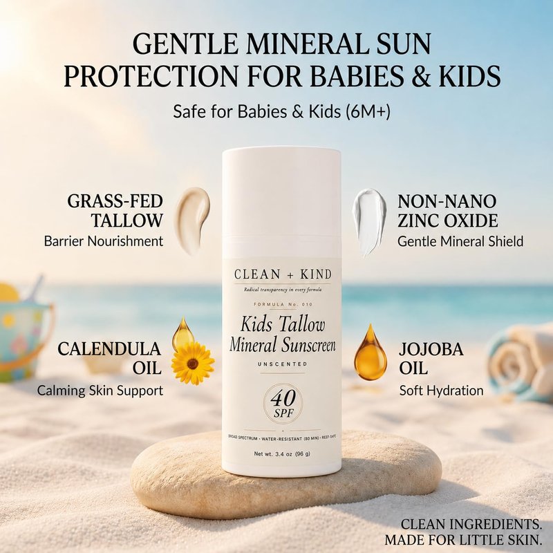 Clean + Kind Kids Sunscreen Mineral SPF 40 — Non Toxic Baby & Toddler Sunblock with Non-Nano Zinc Oxide, Grass-Fed Tallow, Natural Reef-Safe Sun Lotion, No White Cast for Sensitive Skin (3.4 oz)