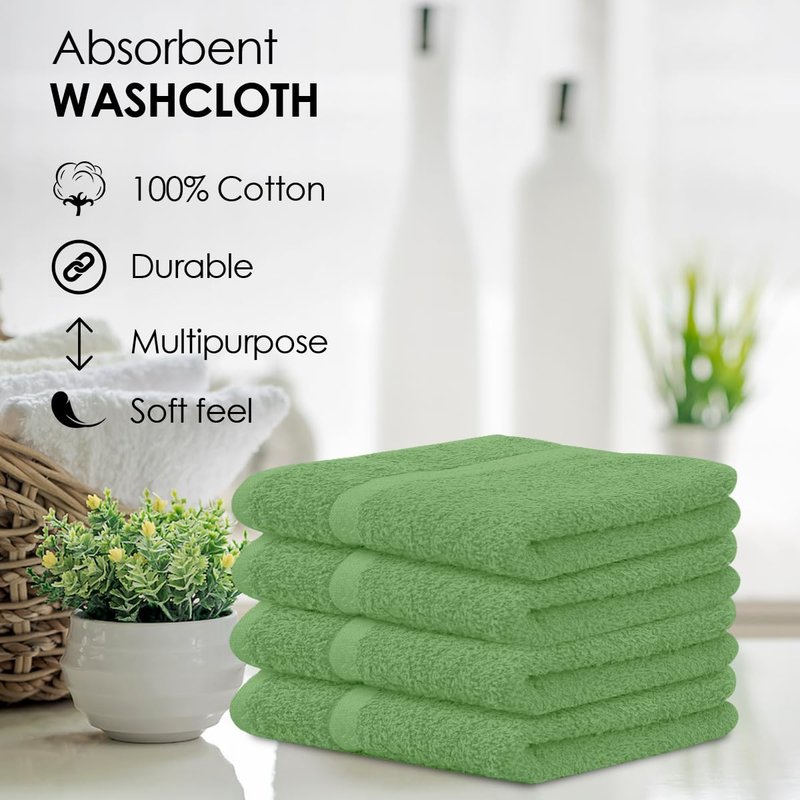 Avalon Towels Cotton Washcloths – (Pack of 48) Size 12x12 Inches, 100% Ring Spun Cotton, Soft & Absorbent Face Towels, Gym Towels, Hotel and Spa Quality, Reusable Fingertip Towels (Sage Green)