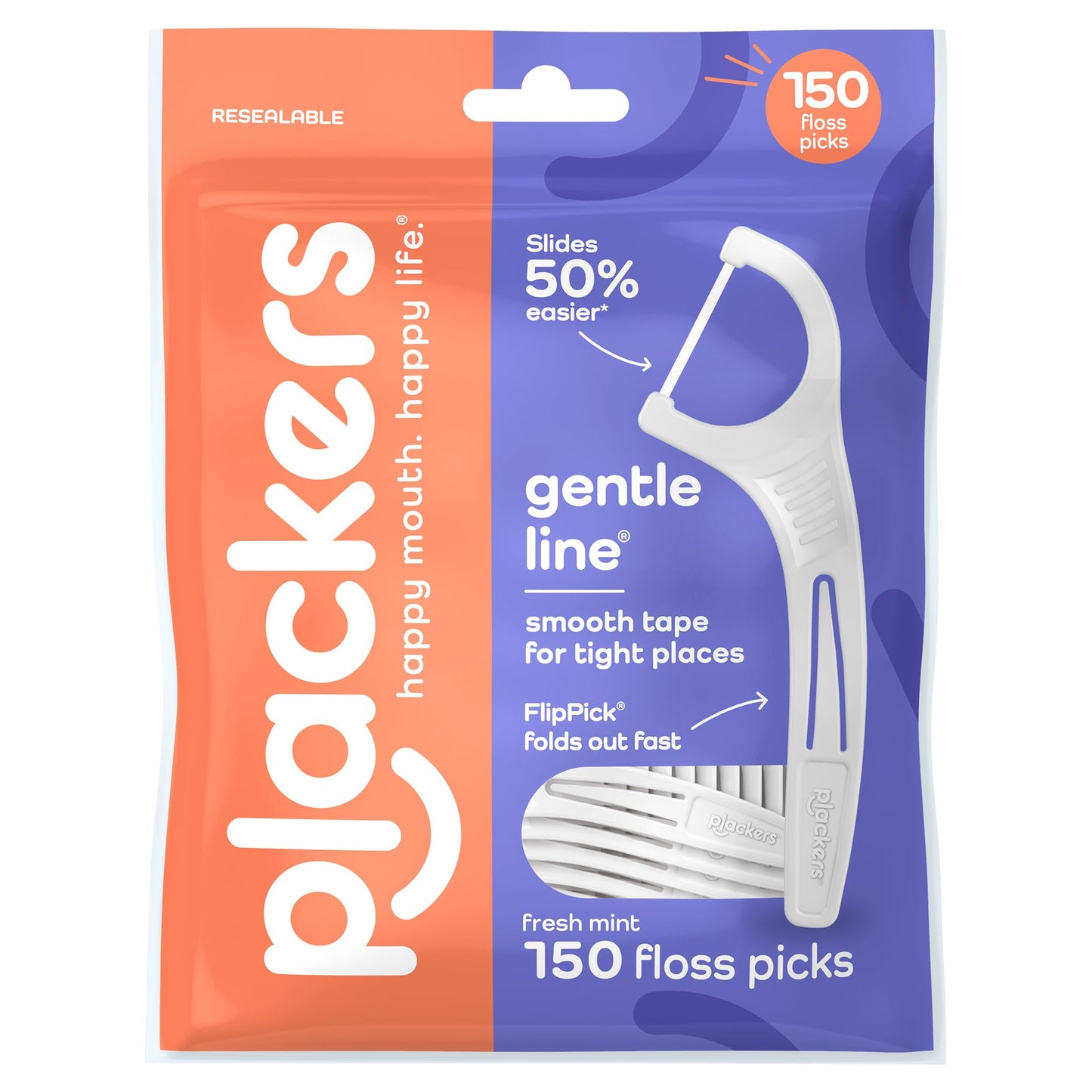 Plackers® Gentle Line® Floss Picks, Super Soft, GentleSlide® Fiber Made Without PTFE, Slides Easily Between Teeth, Fresh Mint, 150 Count