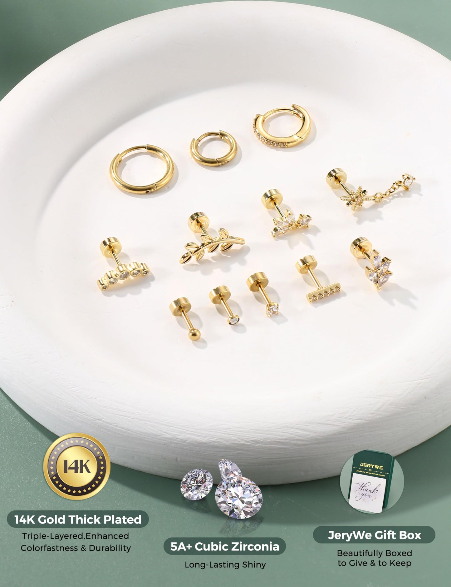 JeryWe 16G Cartilage Earrings for Women Flat Back Earrings Hypoallergenic Surgical Steel Small Flatback Stud Hoop Cartilage Earring Stacks Helix Conch Tragus Daith Piercing Jewelry 14K Gold Plated