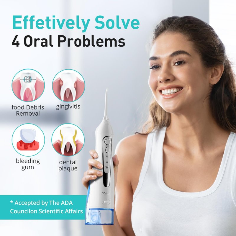 COSLUS Water Dental Flosser Teeth Pick C20: ADA Accepted, Portable Cordless Oral Irrigator 300ML Rechargeable Travel Irrigation Cleaner IPX7 Waterproof Electric Flossing Machine for Teeth, White