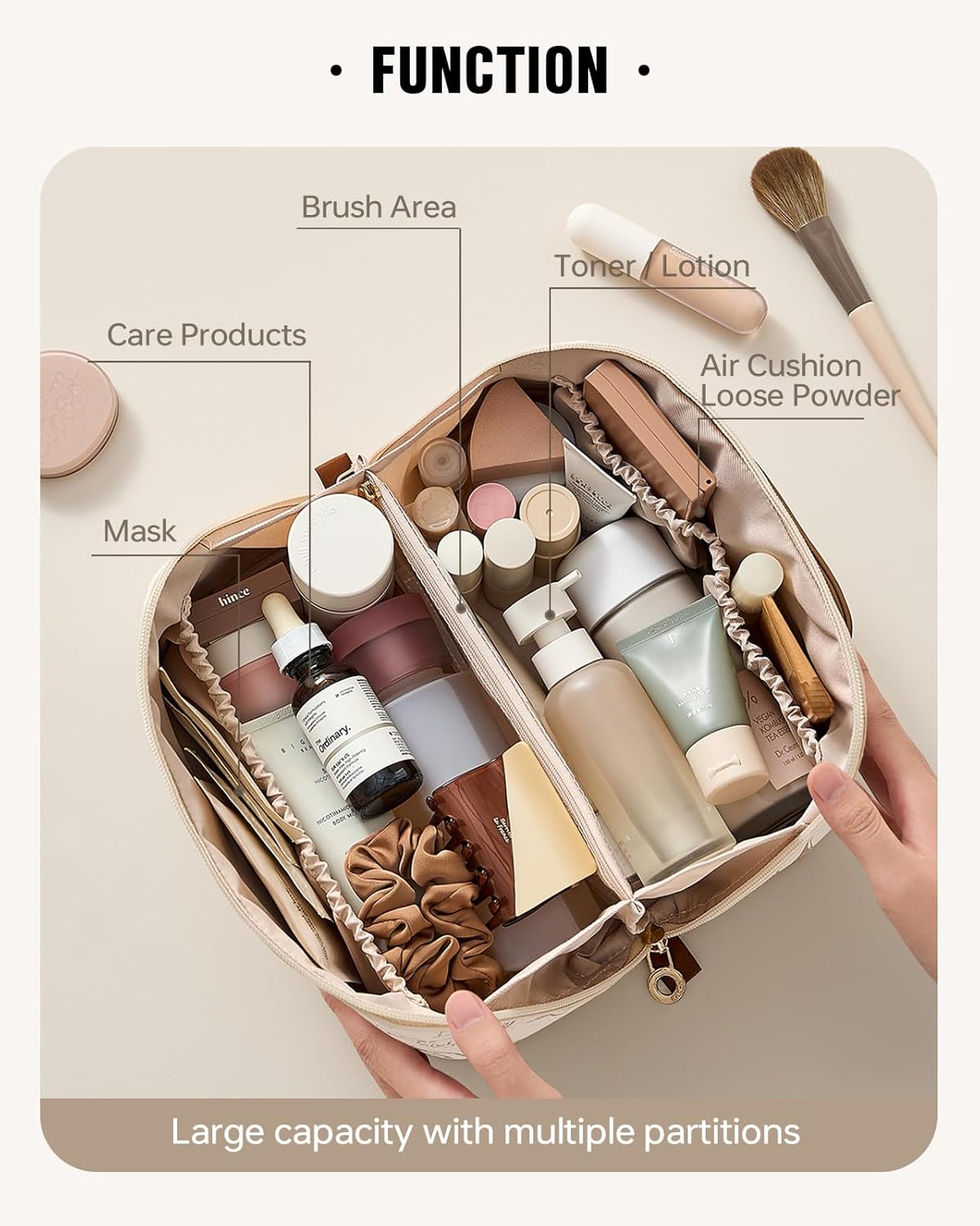 Travel Makeup Bag - Large Capacity Waterproof Cosmetic Pouch for Women | Open Flat Design (Beige)