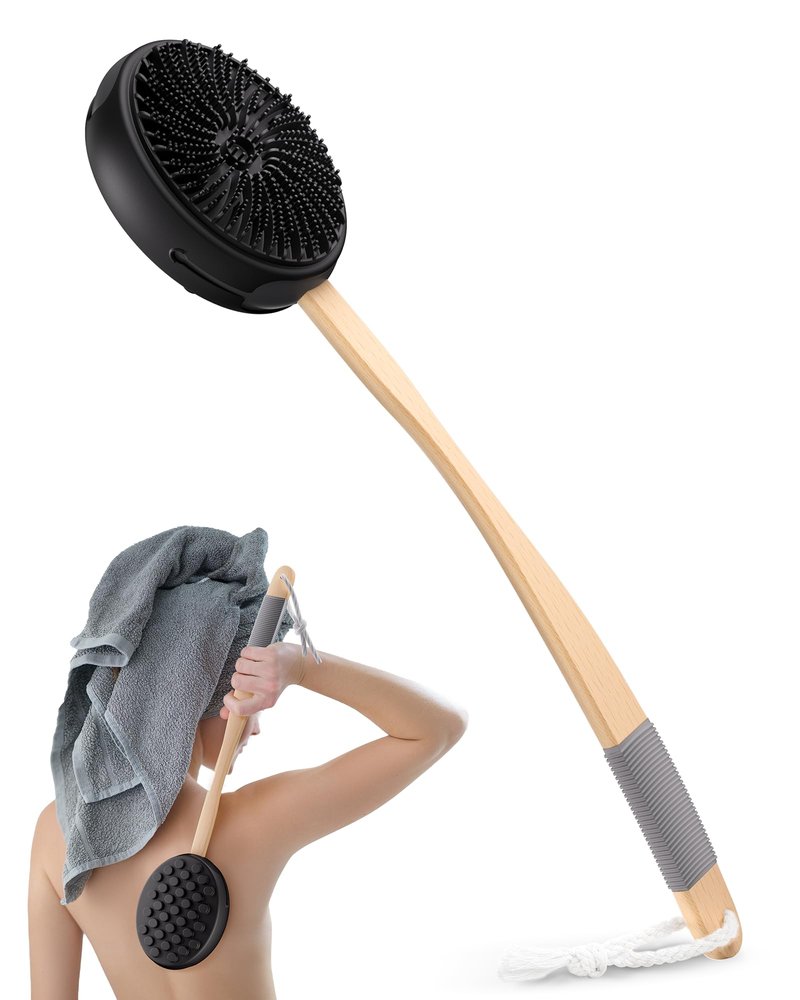 AmazerBath Silicone Body Scrubber with Long Wooden Handle, Dual-Sided Silicone Loofah for Men Women, Detachable Super-Exfoliating Body Scrubber and Super-Lathering Shower Brush Combination, Black