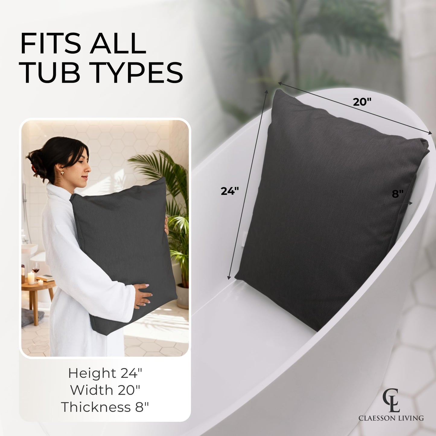 Luxury Bath Pillow for Tub - Thick and Comfortable Bathtub Pillow Support for Head and Neck and Back - Washable Quick-Drying Bath Pillows - Bath Cushion for Home Spa - Fits Any Bathtub - Dark Gray
