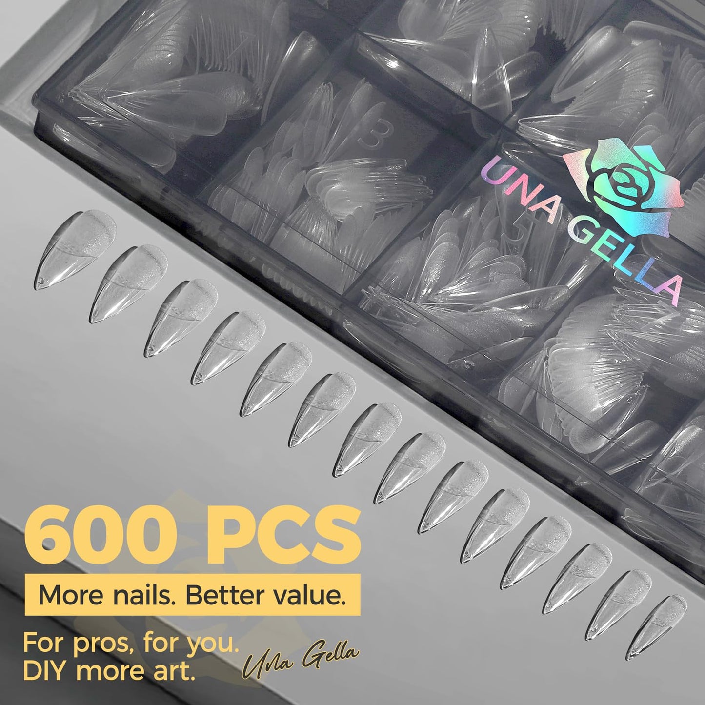 UNA GELLA Long Stiletto Gel Nail Tips 600Pcs Pre Etched Long Stiletto Almond Nail Tips Clear Fake Nails Press on Nails No C Curve for DIY Art Salon at Home 12 Sizes