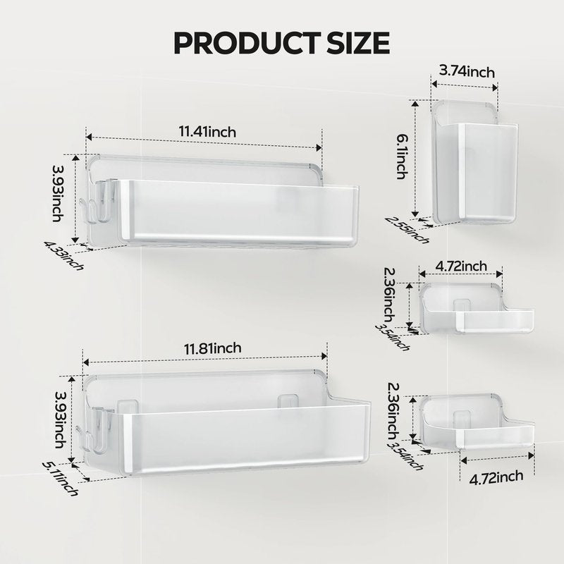 Nieifi Adhesive Wall Shelf, Shower Shelves 5 Pack with Soap Holder, Shower Organizer for Bathroom Organization, Clear