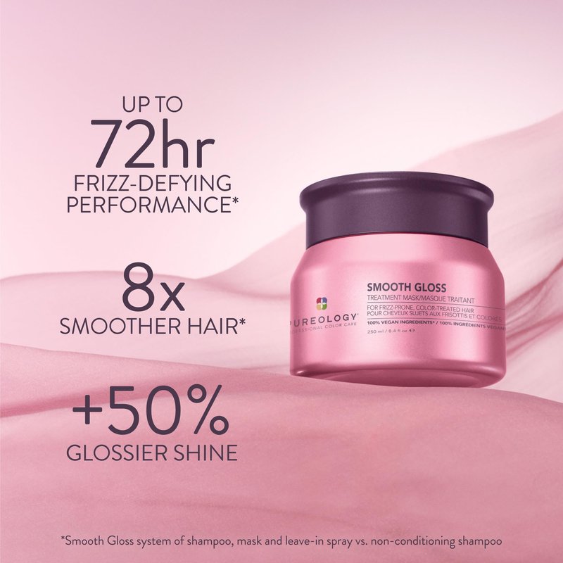 Pureology Smooth Gloss Treatment Mask - Smoothing Hair Mask, Instantly Detangles & Conditions, Frizz Control & Humidity Protection, For Frizz-Prone, Color-Treated Hair, Vegan, 8.5 Fl Oz